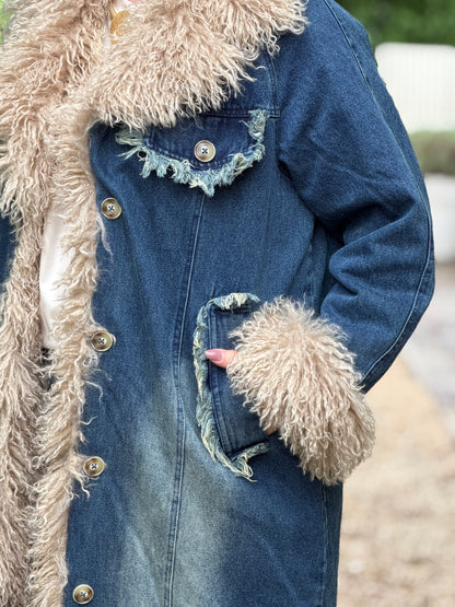 FAYE DENIM FUR COAT