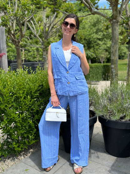Striped Linnen Gilet - Blauw