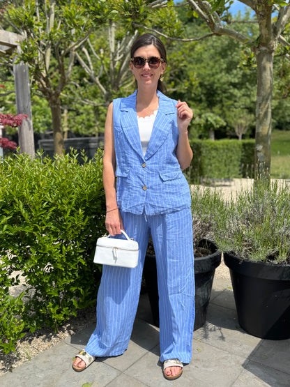 Striped Linnen Gilet - Blauw