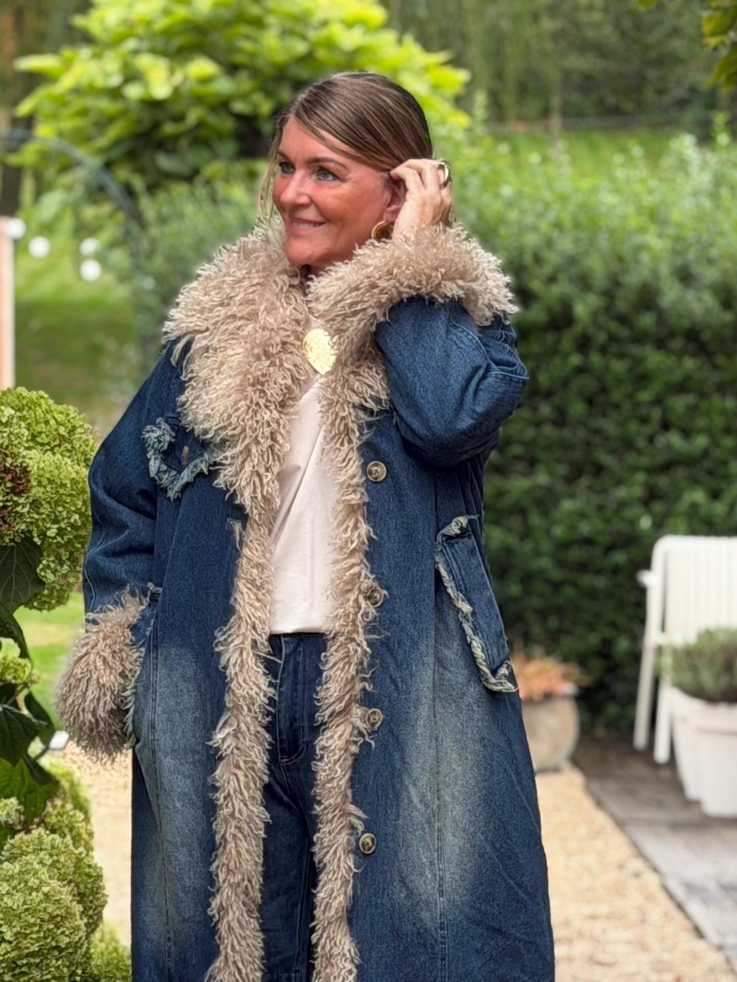 FAYE DENIM FUR COAT
